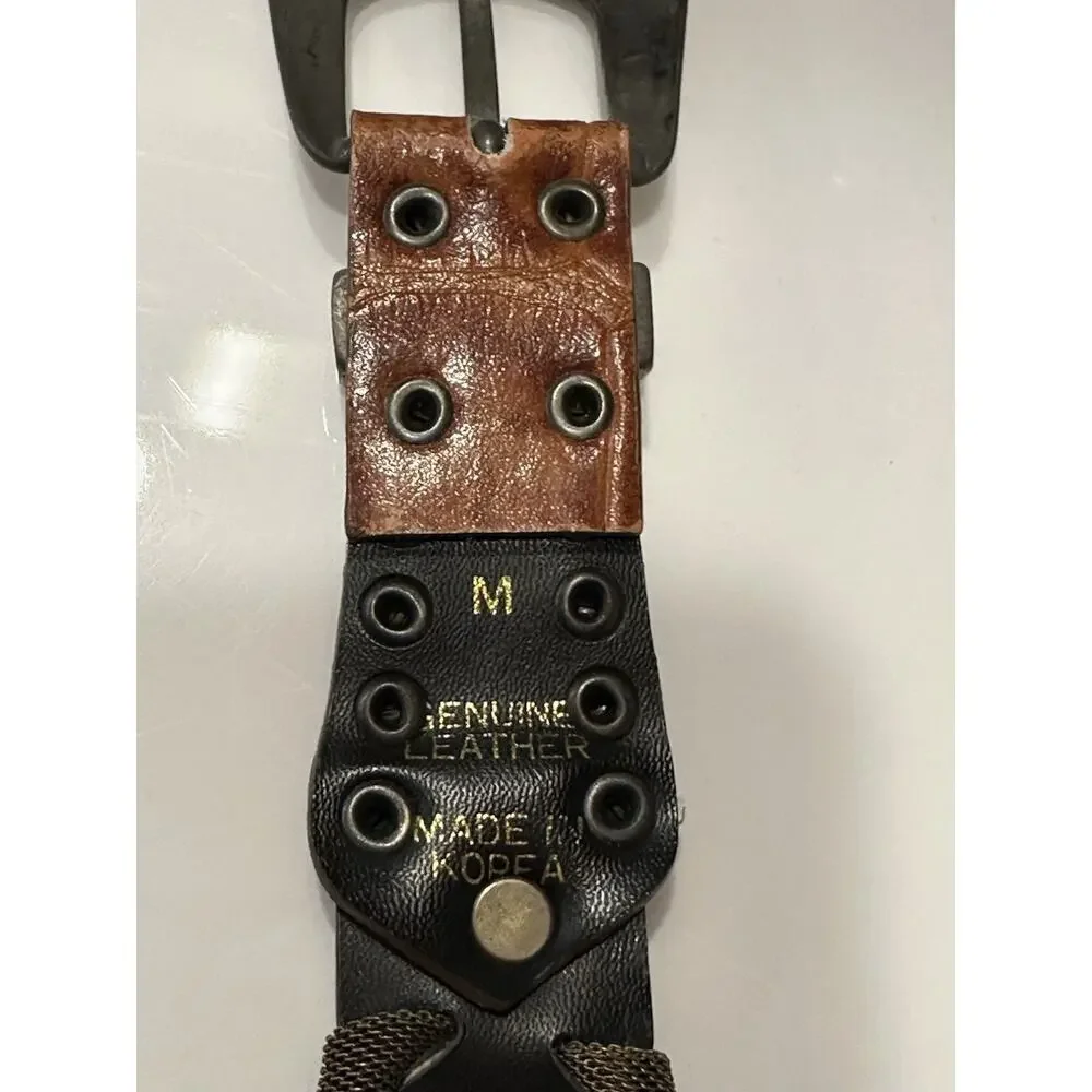 Women's Medium Leather & Brass Belt 30” Total Length Braided Fabric Western Boho